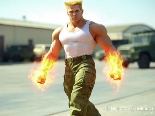 Muscular Man Walks Through Chaos with Fiery Arms – AI Generated Video | Hailuo AI