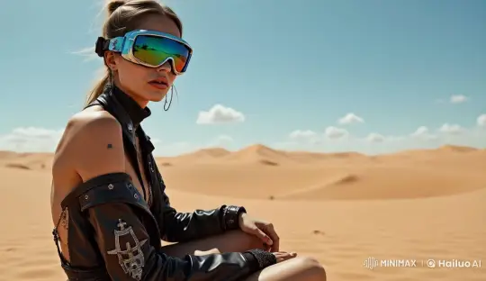 Girl in Leather Jacket Waves in Desert Sun – AI Generated Video | Hailuo AI