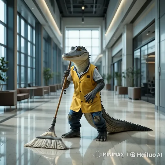 Janitorial Alligator Mops Modern Office Hallway – AI Generated Video | Hailuo AI