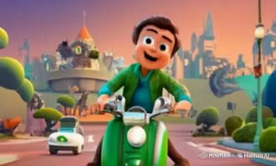 Animated Character Rides Scooter in Cartoon City – AI Generated Video | Hailuo AI