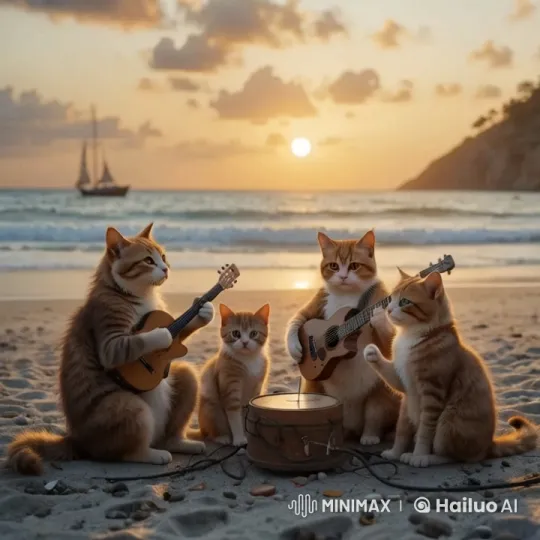 Musical Cats Serenade at Sunset Beach – AI Generated Video | Hailuo AI