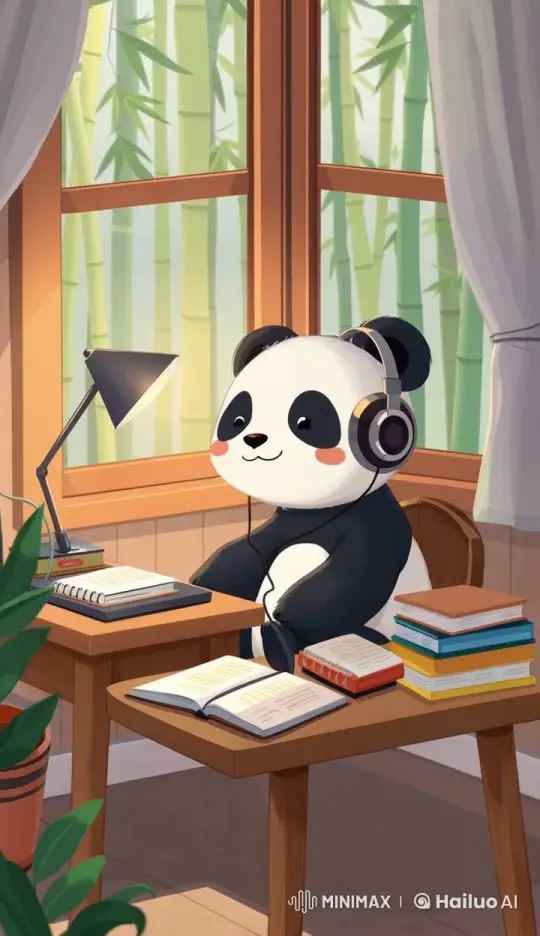 Panda Studies Peacefully in Cozy Bamboo-View Room – AI Generated Video | Hailuo AI