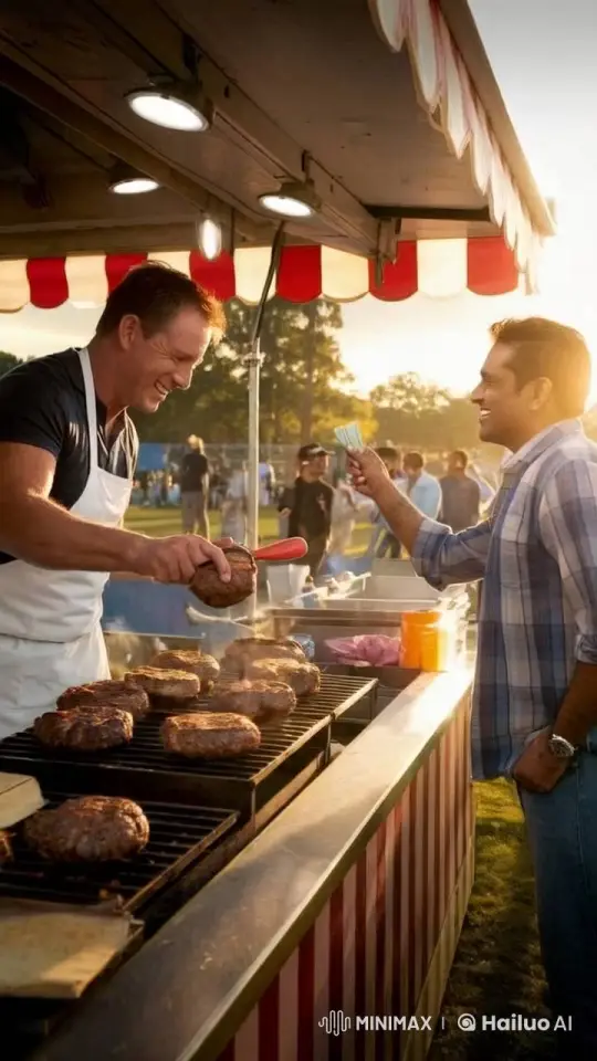 Cricketers Ponting and Dhoni at a Lively Sunset Burger Stand – AI Generated Video | Hailuo AI