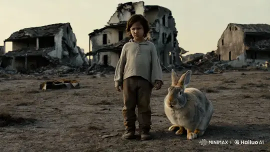 Child and Giant Rabbit in Desolate Post-Apocalyptic World – AI Generated Video | Hailuo AI
