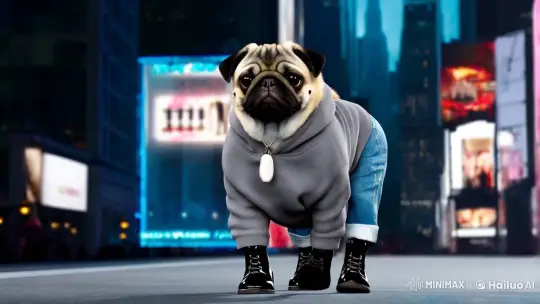 Pug Struts in High Fashion on Runway with Cityscape Backdrop – AI Generated Video | Hailuo AI