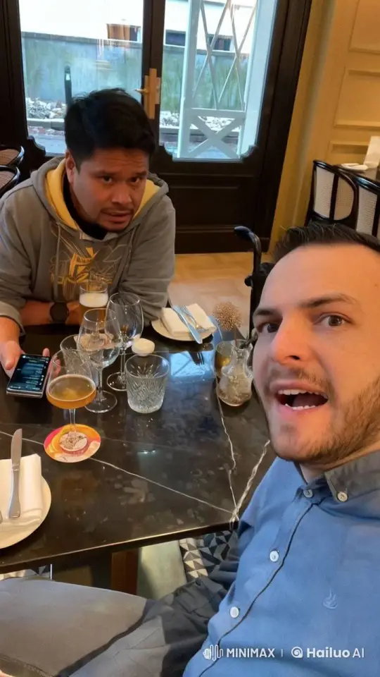 Cheerful Diners Capture Selfie at Elegant Restaurant – AI Generated Video | Hailuo AI