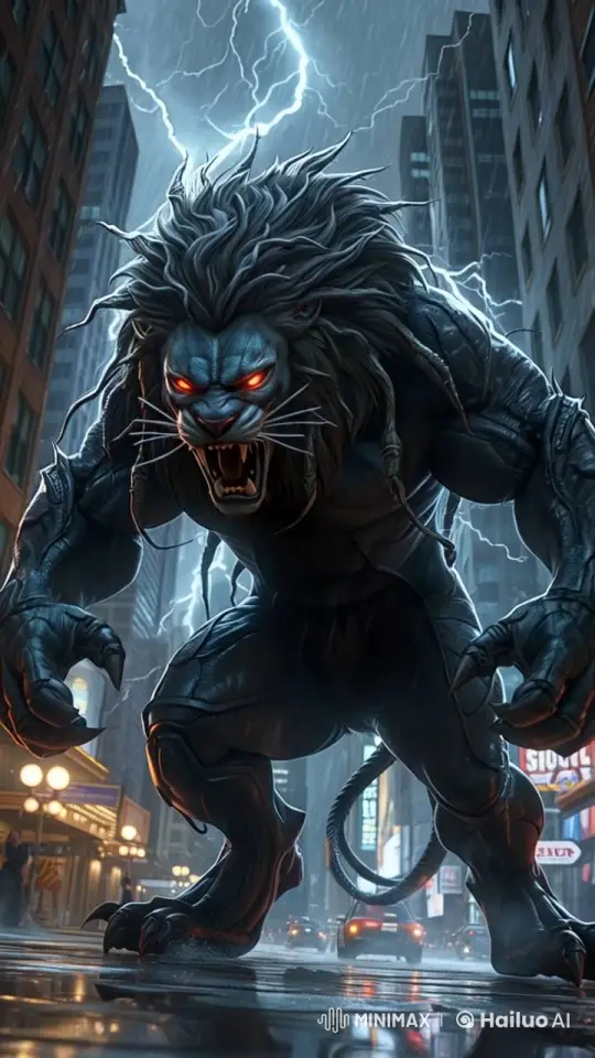 Futuristic City Confronts Hybrid Beast in Storm – AI Generated Video | Hailuo AI