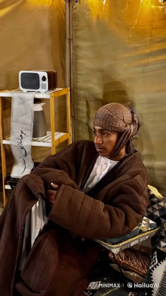 Person in Traditional Attire Smokes in a Cozy, Lit Tent – AI Generated Video | Hailuo AI