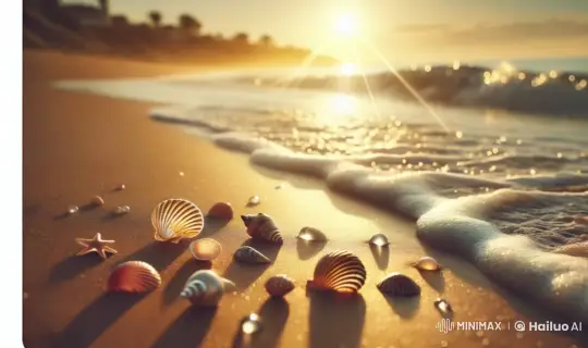 Tranquil Sunset Beach with Gentle Waves and Shells – AI Generated Video | Hailuo AI