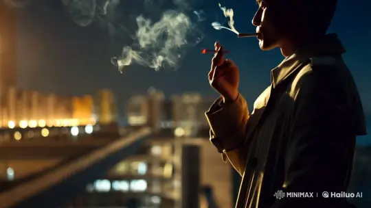 Artistic Night Scene: Figure with Cigarette Captured in Slow Motion – AI Generated Video | Hailuo AI