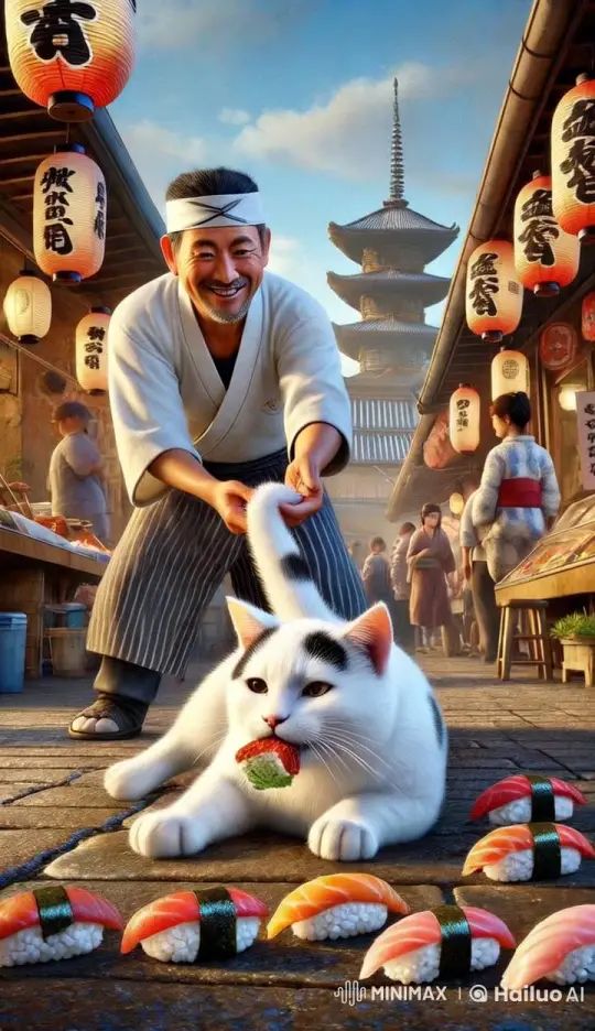 Japanese Market: Chef Battles Cat Over Sushi – AI Generated Video | Hailuo AI