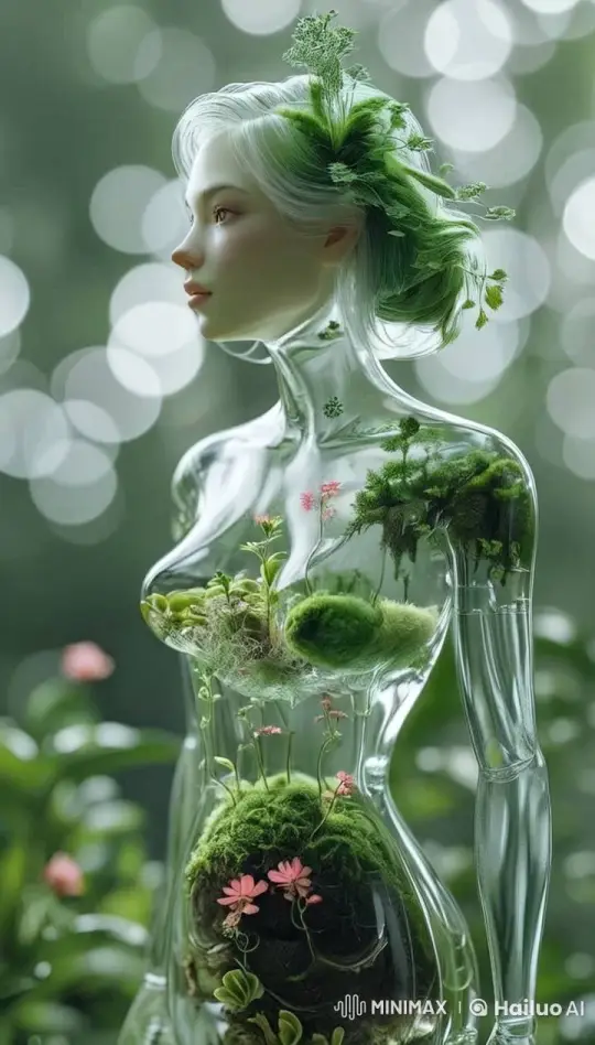 Transparent Woman in a Surreal Terrarium Forest – AI Generated Video | Hailuo AI