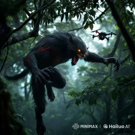 Agile Creature Leaps Through Dark Forest, Monitored by Drone – AI Generated Video | Hailuo AI