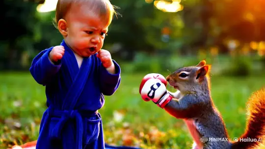 Toddler Faces Squirrel in Whimsical Park Boxing Match – AI Generated Video | Hailuo AI