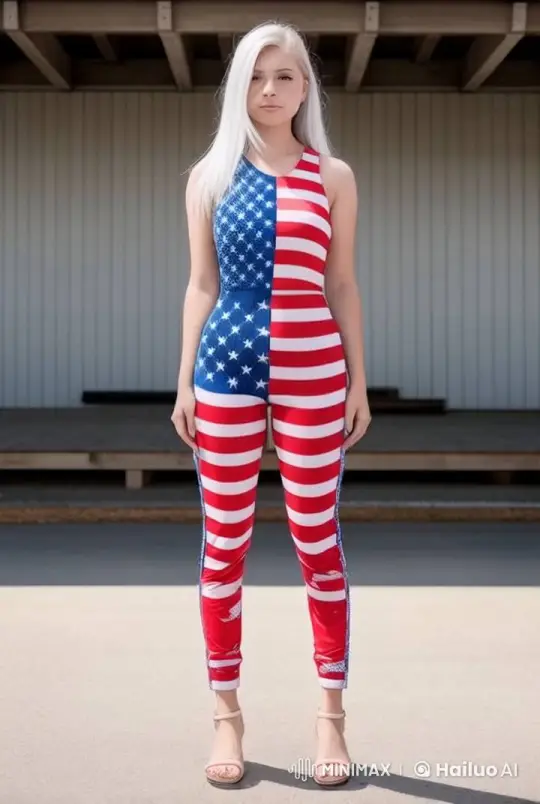 Patriotic Young Woman in Flag Jumpsuit Stands Confidently – AI Generated Video | Hailuo AI