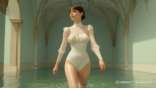 Woman in White Bodysuit Glides Through Ornate Pool – AI Generated Video | Hailuo AI