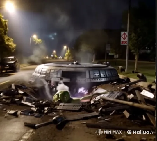 Futuristic UFO Crash-Lands on Suburban Street – AI Generated Video | Hailuo AI