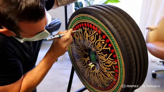Artist Transforms Car Wheel with Khokhloma Style – AI Generated Video | Hailuo AI