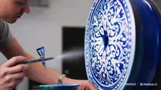 Masterful Artistry: Airbrushing a Wheel in Russian Gzhel Style – AI Generated Video | Hailuo AI