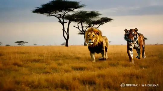 Majestic Lions and Tigers Race in Golden Savanna Sunset – AI Generated Video | Hailuo AI