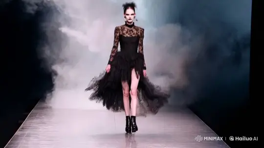 Gothic Model Struts in Lace Amidst Steamy Catwalk – AI Generated Video | Hailuo AI