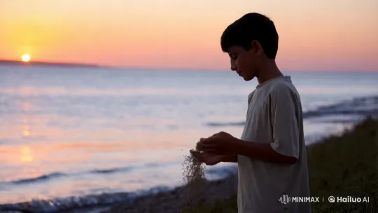 Boy Scatters Birdseed at Sunset: A Tranquil Coastal Scene – AI Generated Video | Hailuo AI