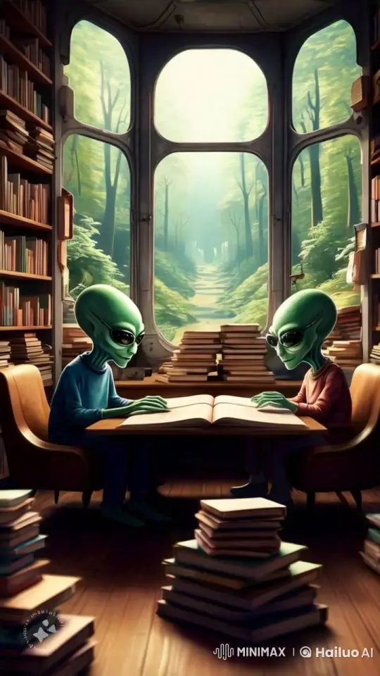 Aliens Reading in a Peaceful, Swaying Library – AI Generated Video | Hailuo AI
