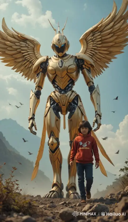 Golden Robot and Child Walk Through Misty Mountains – AI Generated Video | Hailuo AI