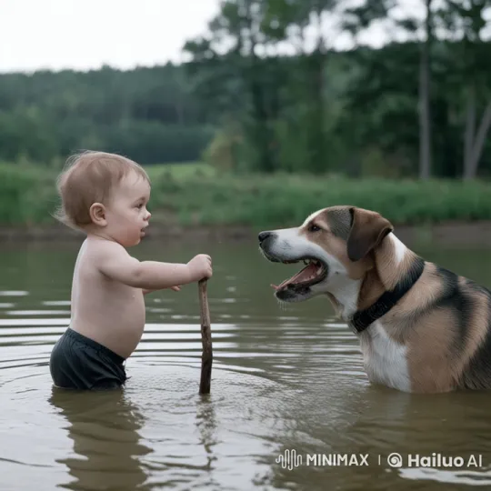 1-Year-Old and Dog Playful Interaction in Serene Water Scene – AI Generated Video | Hailuo AI