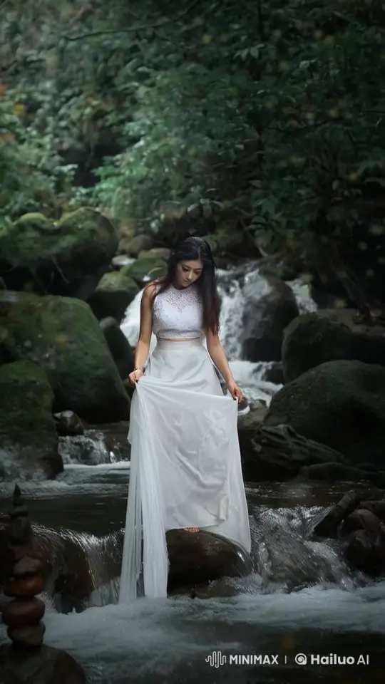 Tranquil Forest Stream: Graceful Dress Hem Dance – AI Generated Video | Hailuo AI