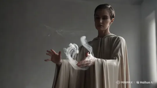 Dancer Manipulates Smoke in Monochromatic Artistic Setting – AI Generated Video | Hailuo AI
