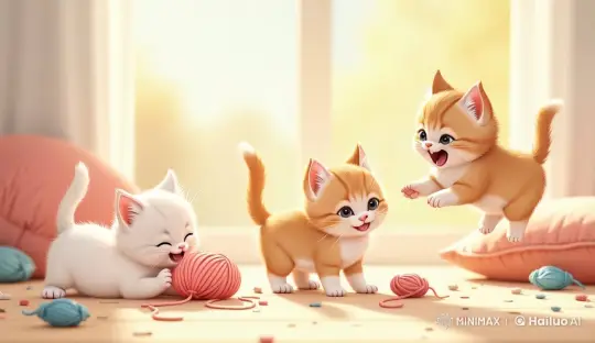 Three Kittens Play with Yarn in Cozy Sunlit Room – AI Generated Video | Hailuo AI