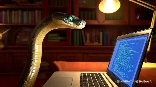 Sleek Snake Contemplates Python Code in Cozy Night Room – AI Generated Video | Hailuo AI