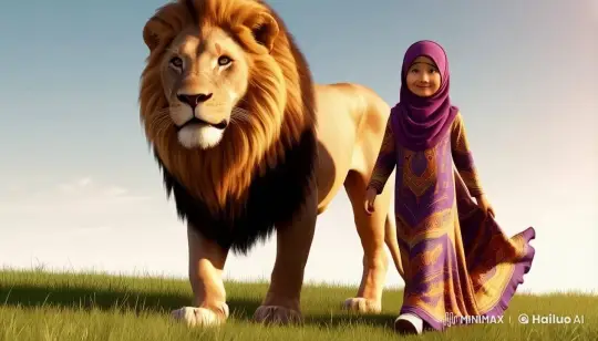 Girl and Lion Walk in Harmony in Serene Meadow – AI Generated Video | Hailuo AI