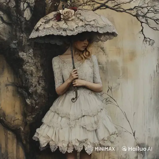 Young Woman with Parasol in Rustic Rain Scene – AI Generated Video | Hailuo AI