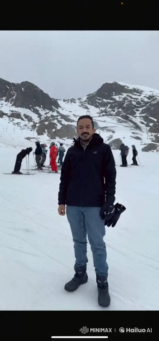 Man Smoking on Snowy Mountain with Skiers – AI Generated Video | Hailuo AI