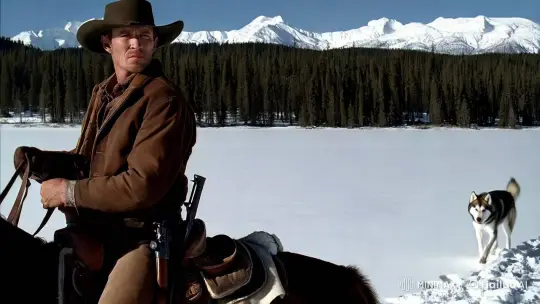Cowboy and Husky Traverse Majestic Winter Landscape – AI Generated Video | Hailuo AI