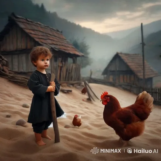 Child and Hen's Playful Rural Standoff – AI Generated Video | Hailuo AI