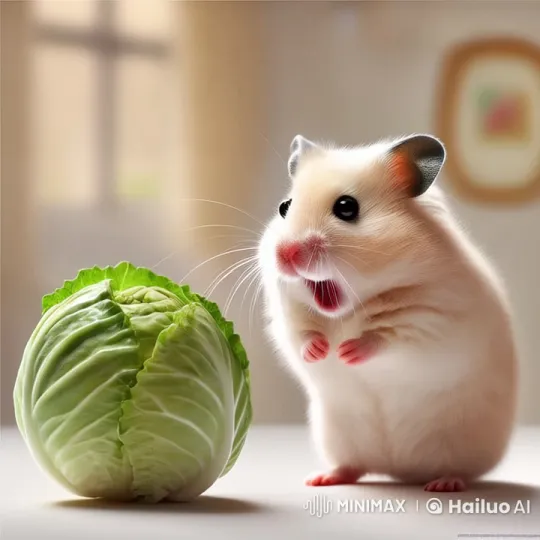 Cute Hamster Examines Green Cabbage in Live2D Animation – AI Generated Video | Hailuo AI