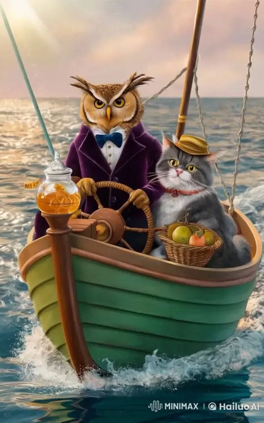 Owl Steers Green Boat with Cat on Calm Ocean – AI Generated Video | Hailuo AI