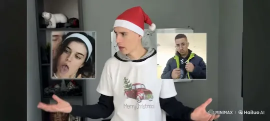 Santa Hat Host Compares Two Images – AI Generated Video | Hailuo AI