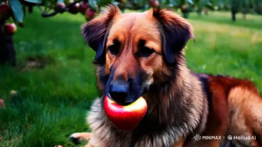 Serene Orchard: A Dog's Tranquil Apple Bite – AI Generated Video | Hailuo AI