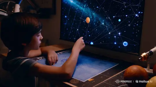 Boy Enthralled by the Cosmos in Intimate Study Space – AI Generated Video | Hailuo AI