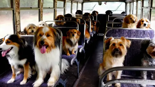 Vintage Bus: Canine Passengers in Nostalgic Light – AI Generated Video | Hailuo AI