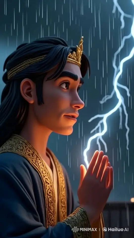 Regal Character in Prayer Pose Amidst Storm – AI Generated Video | Hailuo AI