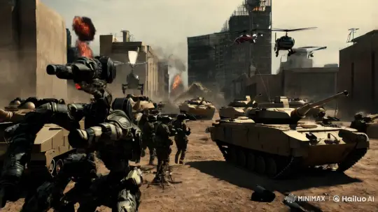Battlefield Showdown: Humans vs. Robots in Desolate Cityscape – AI Generated Video | Hailuo AI