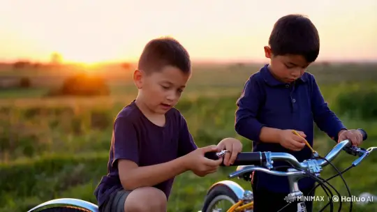 Rural Boys Focused on Bicycle Maintenance – AI Generated Video | Hailuo AI