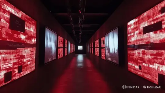 Eerie Corridor with Flickering Digital Screens – AI Generated Video | Hailuo AI