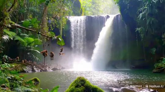 Lush Jungle with Cascading Waterfall and Vibrant Wildlife – AI Generated Video | Hailuo AI