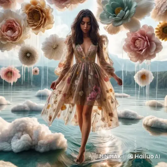 Girl Walking in Serene Landscape Creates Enchanting Ripples – AI Generated Video | Hailuo AI